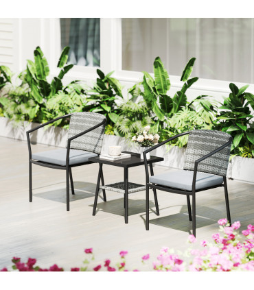 Outsunny 3 PCS Rattan Bistro Set with Cushions Glass Top Coffee Table and Chairs