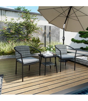 Outsunny 3 PCS Rattan Bistro Set with Cushions Glass Top Coffee Table and Chairs