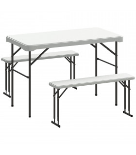 Outsunny 3 Piece Folding Picnic Table and Bench Set w/ Handle, Light Grey