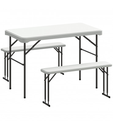Outsunny 3 Piece Folding Picnic Table and Bench Set w/ Handle, Light Grey