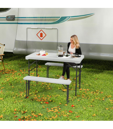 Outsunny 3 Piece Folding Picnic Table and Bench Set w/ Handle, Light Grey