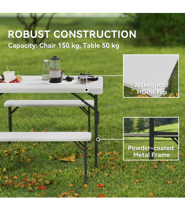 Outsunny 3 Piece Folding Picnic Table and Bench Set w/ Handle, Light Grey