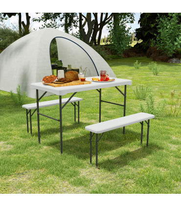 Outsunny 3 Piece Folding Picnic Table and Bench Set w/ Handle, Light Grey