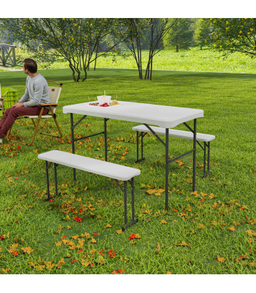 Outsunny 3 Piece Folding Picnic Table and Bench Set w/ Handle, Light Grey