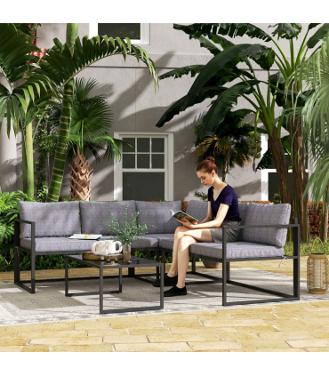 Outsunny 3 Piece L Shaped Garden Furniture Set with Cushions, Grey