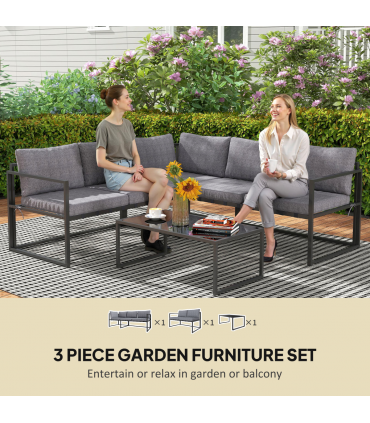 Outsunny 3 Piece L Shaped Garden Furniture Set with Cushions, Grey