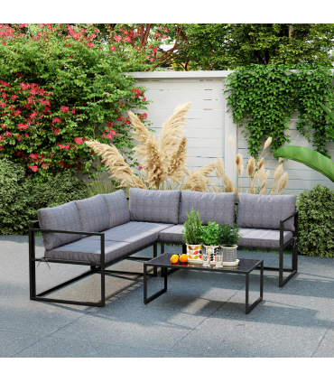 Outsunny 3 Piece L Shaped Garden Furniture Set with Cushions, Grey