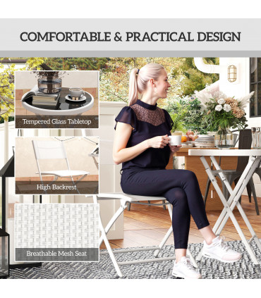 Outsunny 3 Pieces Outdoor Bistro Set, Glass Top Table and Chairs, White