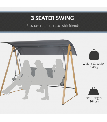 Outsunny 3 Seater Garden Swing Bench with Adjustable Canopy and Cushioned Seat