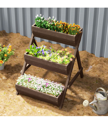 Outsunny 3 Tier Raised Garden Bed Wooden Elevated Planter Box Kit, Tan