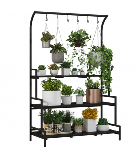 Outsunny 3 Tiered Plant Rack Stand with Hanging Hooks for Indoor Outdoor Use