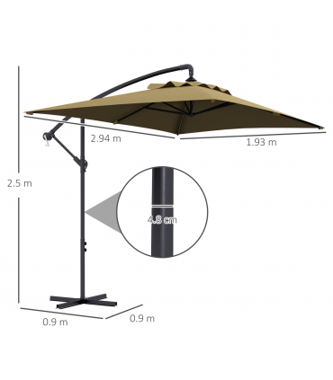 Outsunny 3 m Cantilever Parasol with Cross Base, Crank Handle, 6 Ribs, Brown