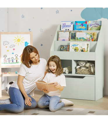 HOMCOM Kids Bookcase, Toy Box w/ Storage Drawer, Wheels for Bedroom - Green