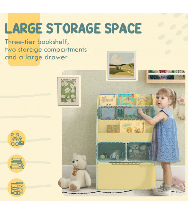 HOMCOM Kids Bookcase, Toy Box w/ Storage Drawer, Wheels for Bedroom - Green