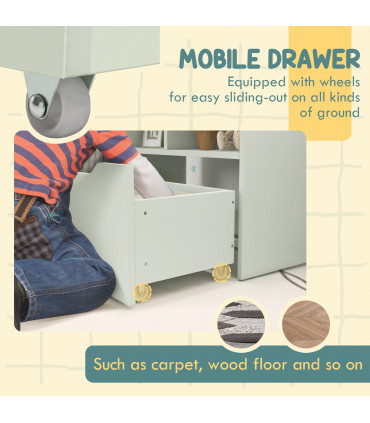 HOMCOM Kids Bookcase, Toy Box w/ Storage Drawer, Wheels for Bedroom - Green