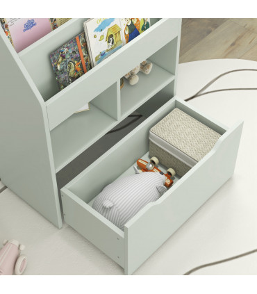 HOMCOM Kids Bookcase, Toy Box w/ Storage Drawer, Wheels for Bedroom - Green