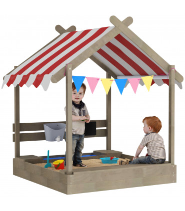 Outsunny Sand Pit with Canopy, Blackboard, Toys, Sink, Seats, Flags for Kids