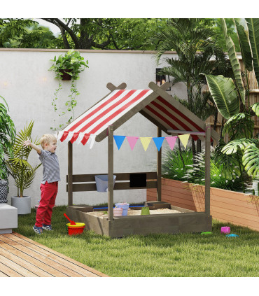 Outsunny Sand Pit with Canopy, Blackboard, Toys, Sink, Seats, Flags for Kids