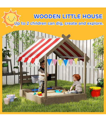 Outsunny Sand Pit with Canopy, Blackboard, Toys, Sink, Seats, Flags for Kids