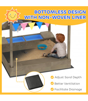 Outsunny Sand Pit with Canopy, Blackboard, Toys, Sink, Seats, Flags for Kids