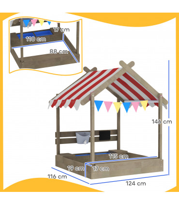 Outsunny Sand Pit with Canopy, Blackboard, Toys, Sink, Seats, Flags for Kids