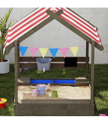 Outsunny Sand Pit with Canopy, Blackboard, Toys, Sink, Seats, Flags for Kids