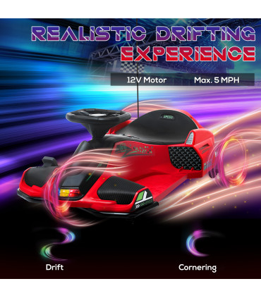 HOMCOM 12V Electric Go Kart for Kids with Music, LED Lights, Red