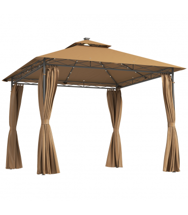 Outsunny 3 x 3 m Double Roof Outdoor Gazebo with Curtains, Brown