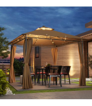 Outsunny 3 x 3 m Double Roof Outdoor Gazebo with Curtains, Brown