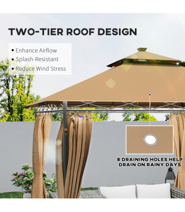Outsunny 3 x 3 m Double Roof Outdoor Gazebo with Curtains, Brown