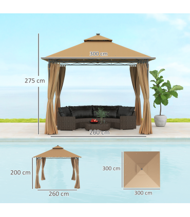 Outsunny 3 x 3 m Double Roof Outdoor Gazebo with Curtains, Brown