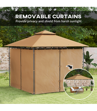 Outsunny 3 x 3 m Double Roof Outdoor Gazebo with Curtains, Brown