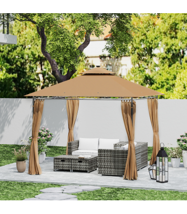 Outsunny 3 x 3 m Double Roof Outdoor Gazebo with Curtains, Brown