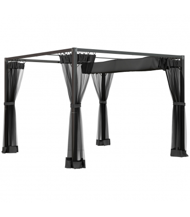 Outsunny 3 x 3 m Pergola with Retractable Roof and Netting, Dark Grey