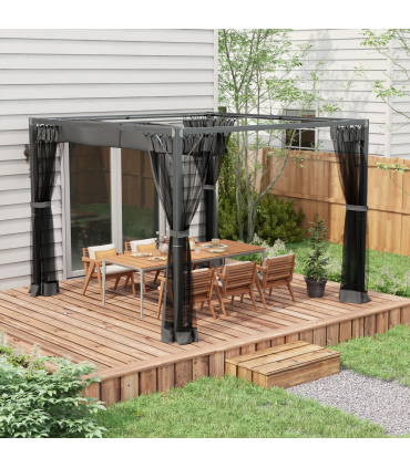 Outsunny 3 x 3 m Pergola with Retractable Roof and Netting, Dark Grey