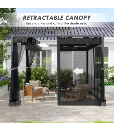 Outsunny 3 x 3 m Pergola with Retractable Roof and Netting, Dark Grey