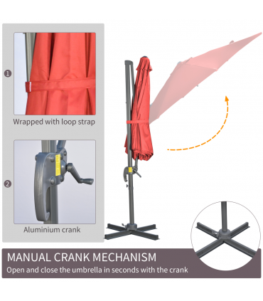 Outsunny 3 x 3(m) Cantilever Parasol Garden Umbrella with Cross Base Wine Red