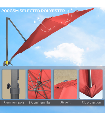 Outsunny 3 x 3(m) Cantilever Parasol Garden Umbrella with Cross Base Wine Red