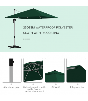 Outsunny 3 x 3(m) Cantilever Roma Parasol Garden Umbrella with Cross Base Green