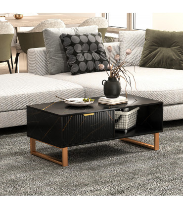HOMCOM Coffee Table, Living Room Table with Drawer and Open Shelves, Black