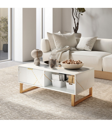 HOMCOM Coffee Table, Living Room Table with Drawer and Open Shelves, White