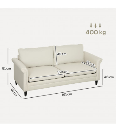 HOMCOM Modern 3 Seater Sofa for Living Room, Fabric Couch Settee, Cream