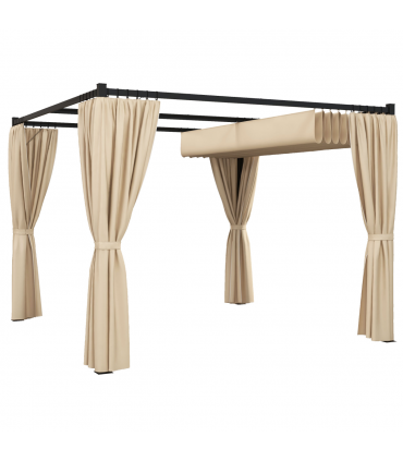 Outsunny 3 x 3(m) Pergola with Retractable Roof and Curtains, Beige