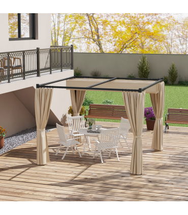 Outsunny 3 x 3(m) Pergola with Retractable Roof and Curtains, Beige