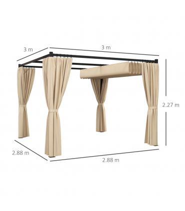Outsunny 3 x 3(m) Pergola with Retractable Roof and Curtains, Beige