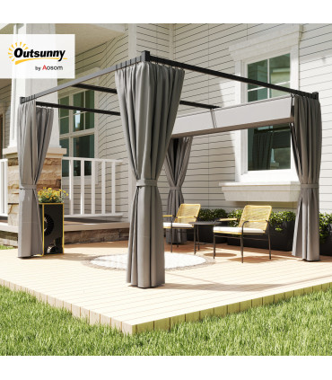 Outsunny 3 x 3(m) Pergola with Retractable Roof and Curtains, Light Grey