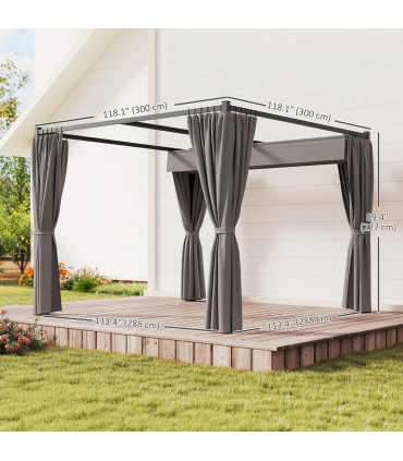 Outsunny 3 x 3(m) Pergola with Retractable Roof and Curtains, Light Grey