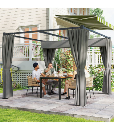 Outsunny 3 x 3(m) Pergola with Retractable Roof and Curtains, Light Grey