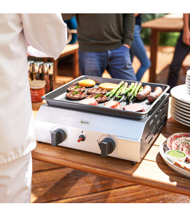 Compact Propane Gas Grill with Enameled Plancha & Easy Cleaning Features