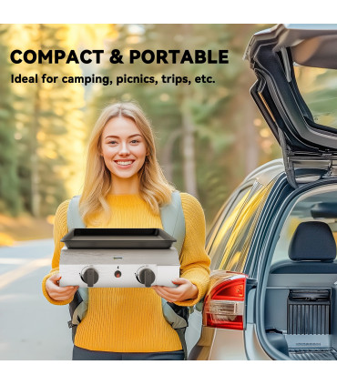 Compact Propane Gas Grill with Enameled Plancha & Easy Cleaning Features